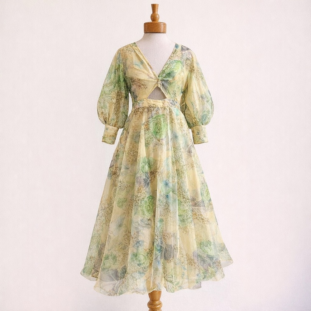 ASOS Edition Floral Organza Midi Dress Puff Sleeve Cutout Romantic $270